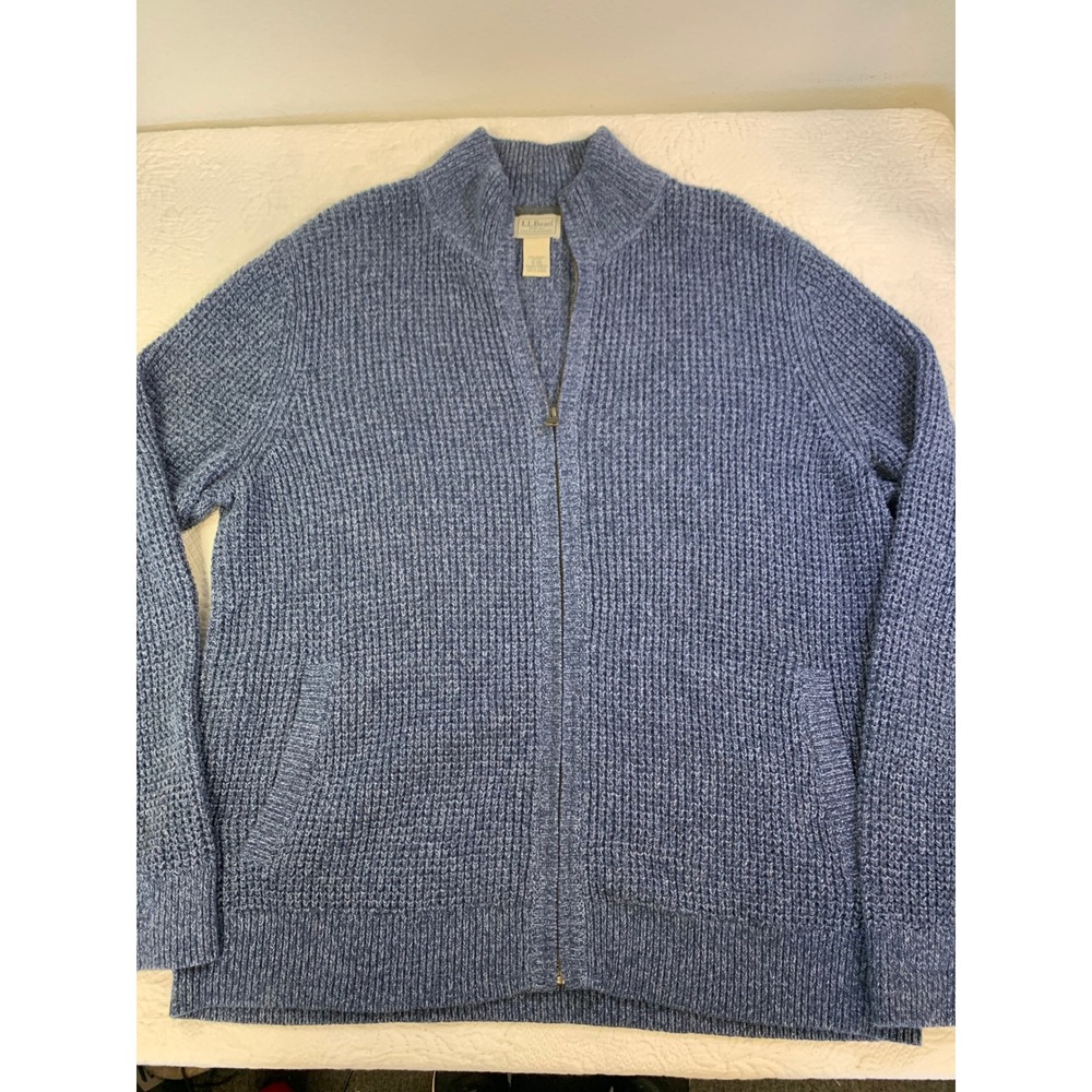 LL Bean Mens XL Organic Cotton Full Zip Cardigan Sweater Blue Shaker Knit 508221